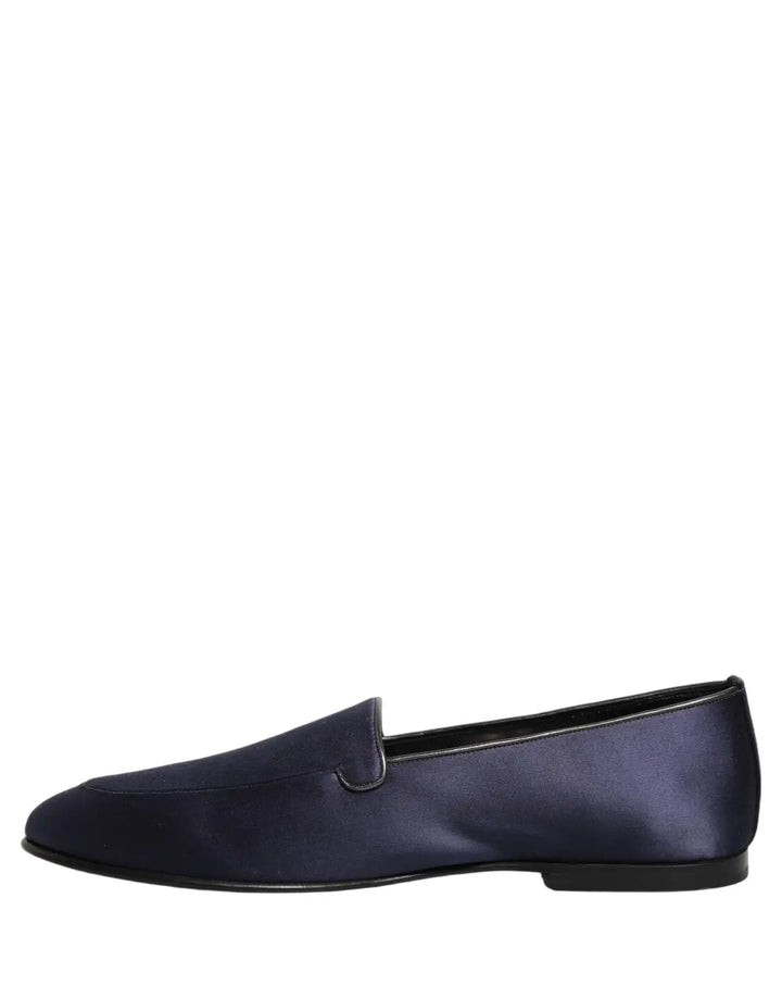 Dolce &amp; Gabbana Navy Blue Satin DG Logo Dress Loafers Shoes