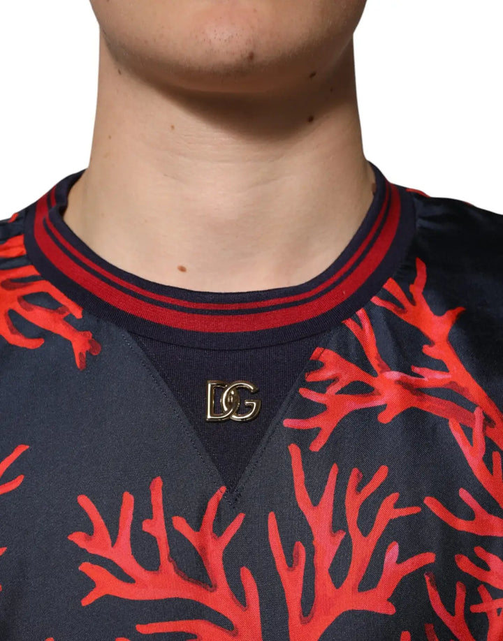 Dolce &amp; Gabbana Navy Red Silk Coral Print Pullover Sweater