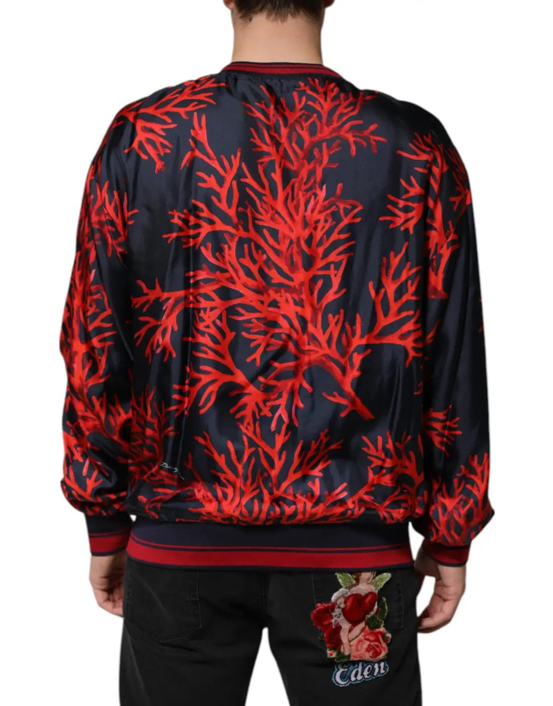 Dolce &amp; Gabbana Navy Red Silk Coral Print Pullover Sweater