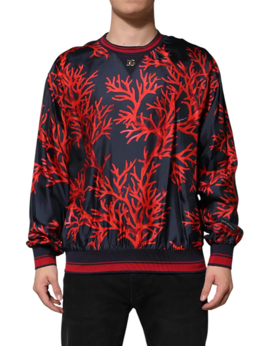Dolce &amp; Gabbana Navy Red Silk Coral Print Pullover Sweater