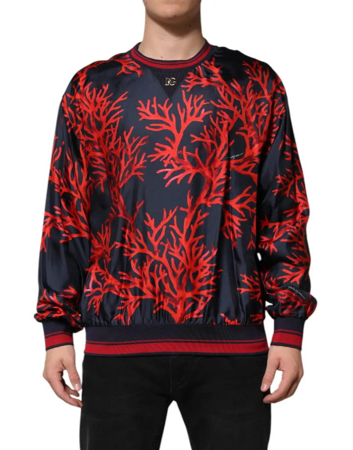 Dolce &amp; Gabbana Navy Red Silk Coral Print Pullover Sweater