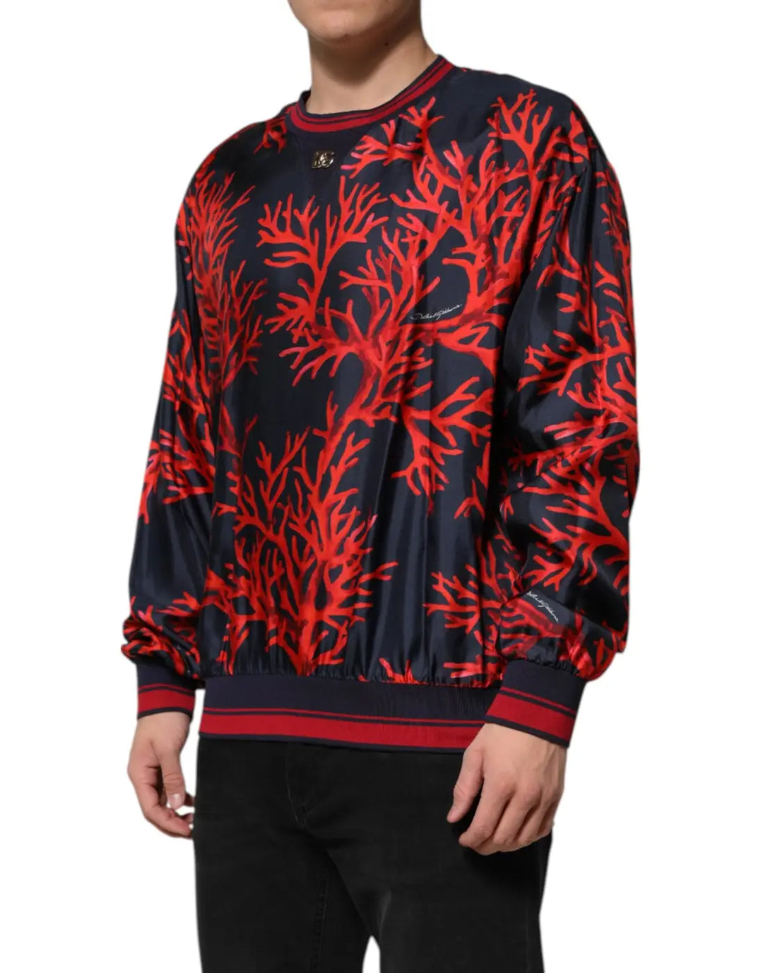 Dolce &amp; Gabbana Navy Red Silk Coral Print Pullover Sweater