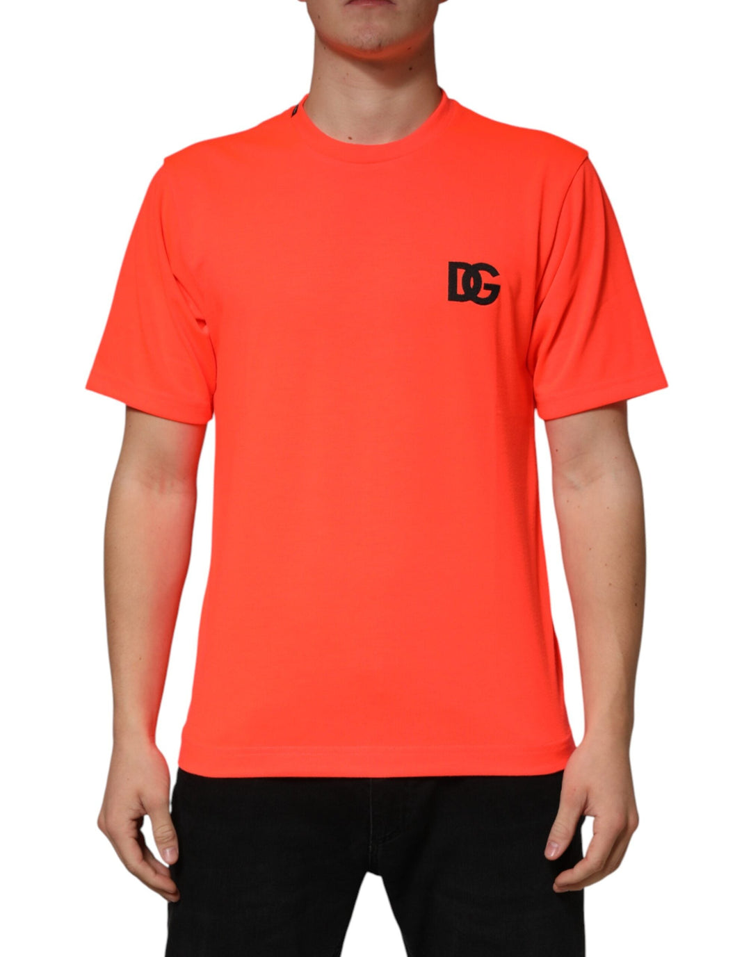 Dolce &amp; Gabbana Neon Orange Polyester Crew Neck Men T-shirt
