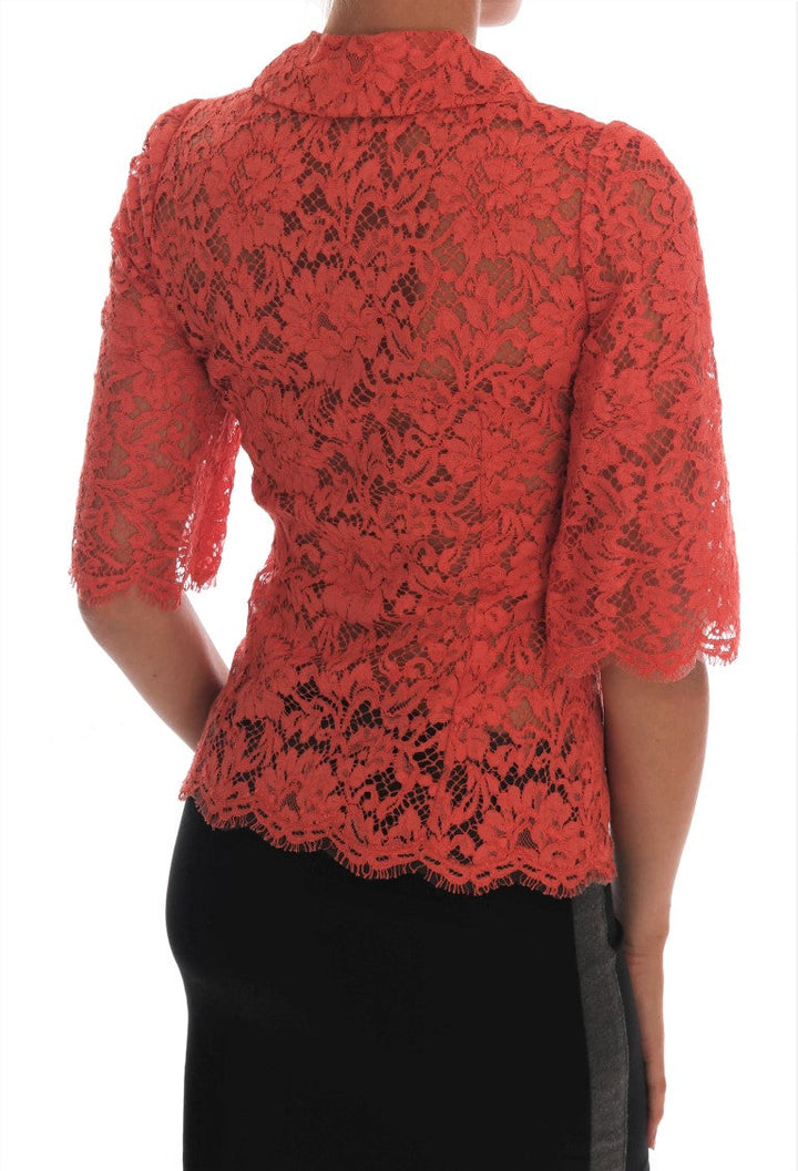 Dolce &amp; Gabbana - Orange Crystal Buttons Floral Lace Blouse