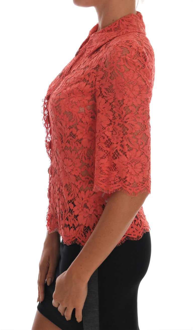 Dolce & Gabbana - Orange Crystal Buttons Floral Lace Blouse