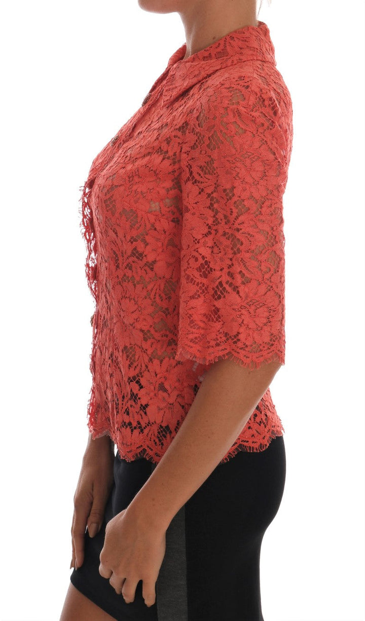 Dolce &amp; Gabbana - Orange Crystal Buttons Floral Lace Blouse