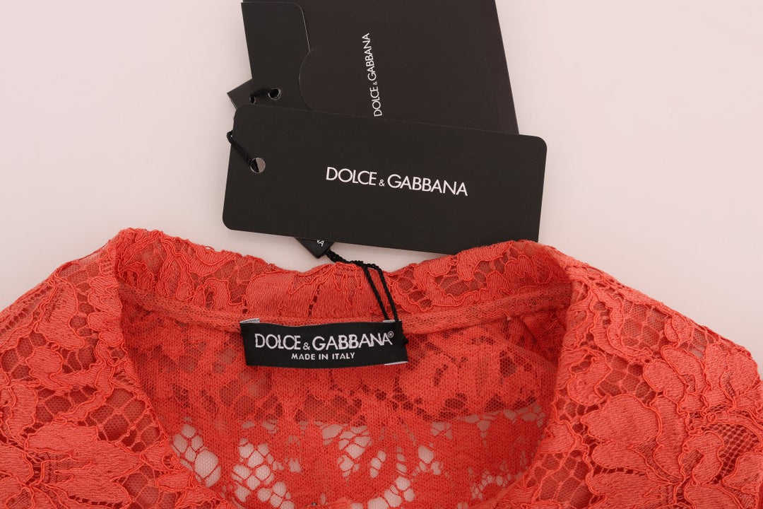 Dolce &amp; Gabbana - Orange Crystal Buttons Floral Lace Blouse