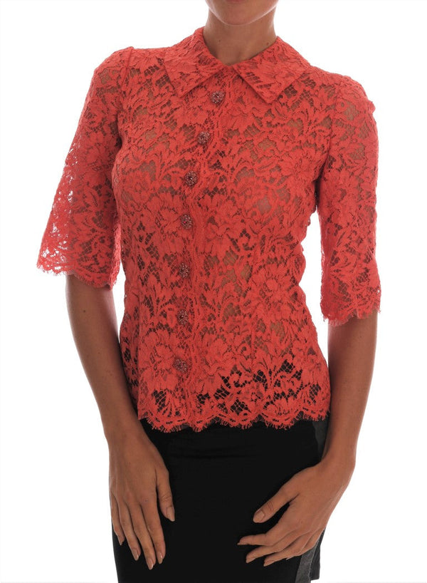 Dolce & Gabbana - Orange Crystal Buttons Floral Lace Blouse