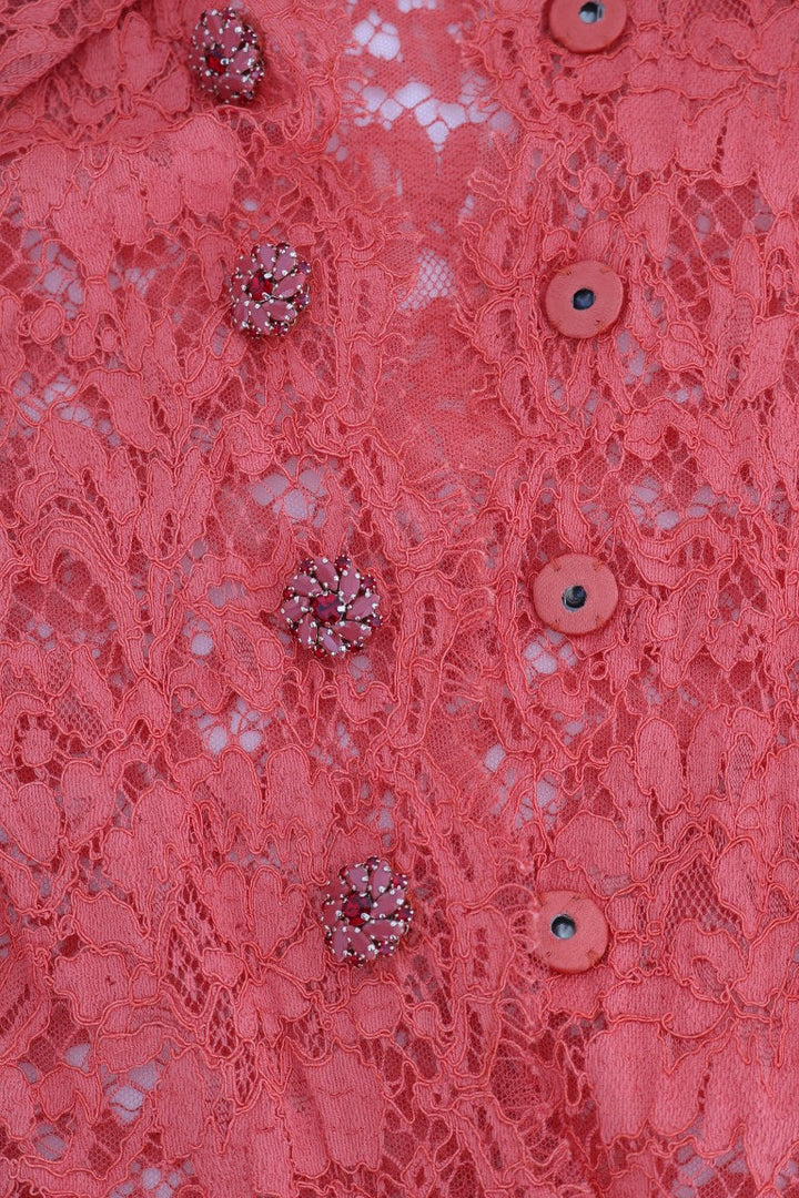 Dolce &amp; Gabbana - Orange Crystal Buttons Floral Lace Blouse