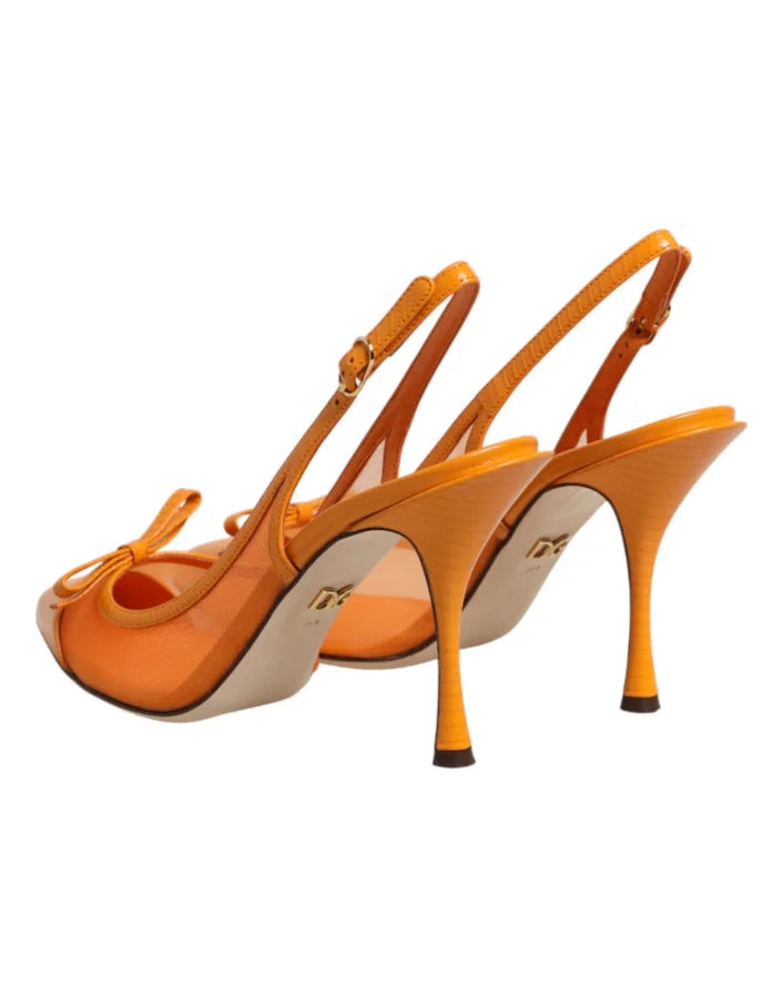 Dolce &amp; Gabbana Orange Leather Mesh Heels Slingback Shoes