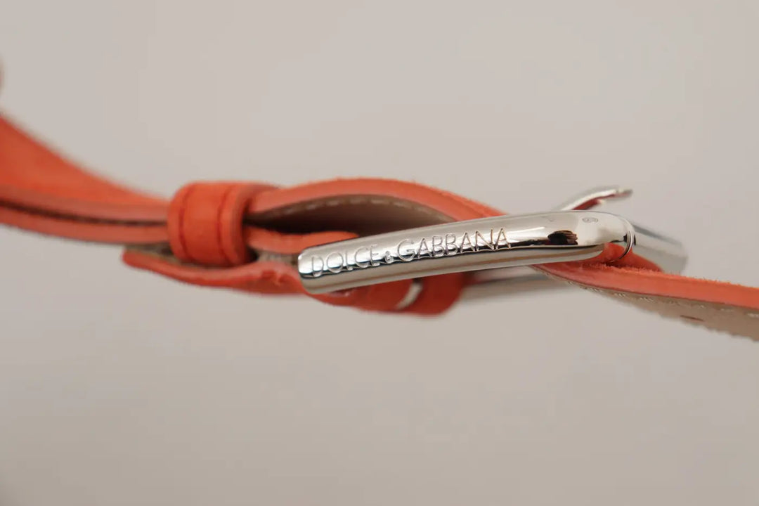 Dolce &amp; Gabbana Orange Leather Suede Silver Logo Metal Buckle Belt