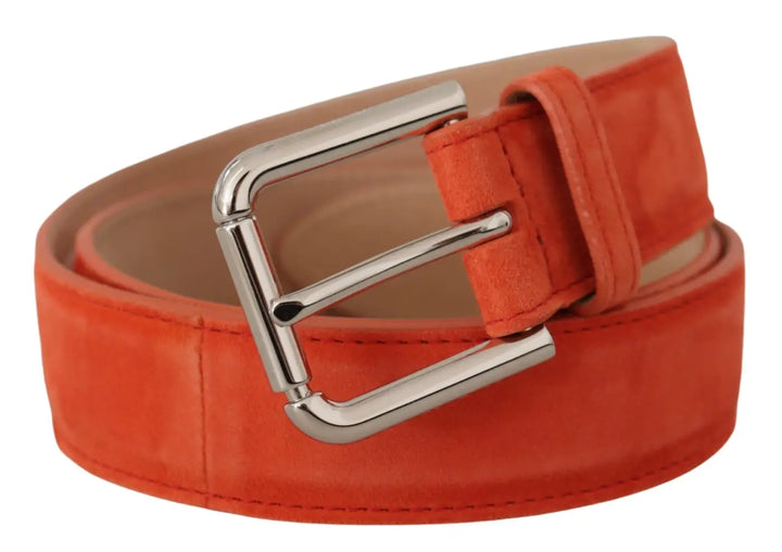 Dolce &amp; Gabbana Orange Leather Suede Silver Logo Metal Buckle Belt