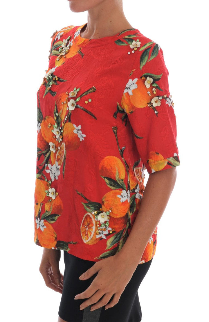 Dolce &amp; Gabbana - Orange Print Crystal-Embellished Blouse