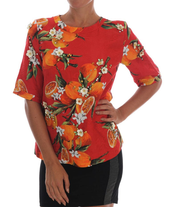 Dolce & Gabbana - Orange Print Crystal-Embellished Blouse