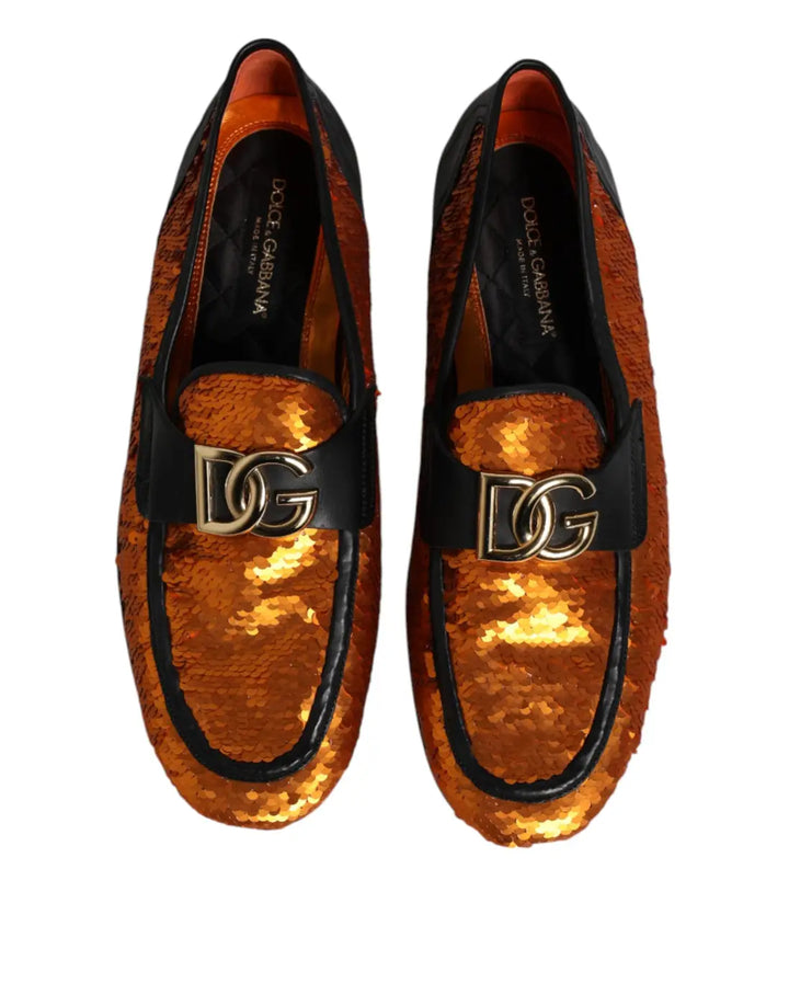 Dolce &amp; Gabbana Orange Sequin Embellished Men Loafers Shoes