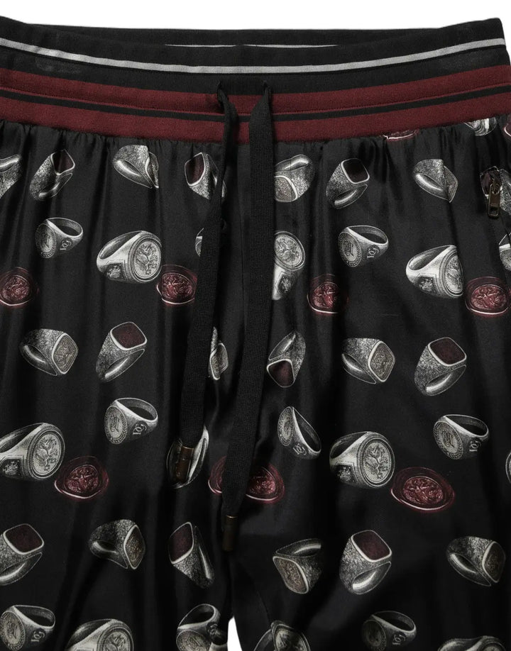 Dolce &amp; Gabbana Pants Black Ring Print Silk Jogging Trousers
