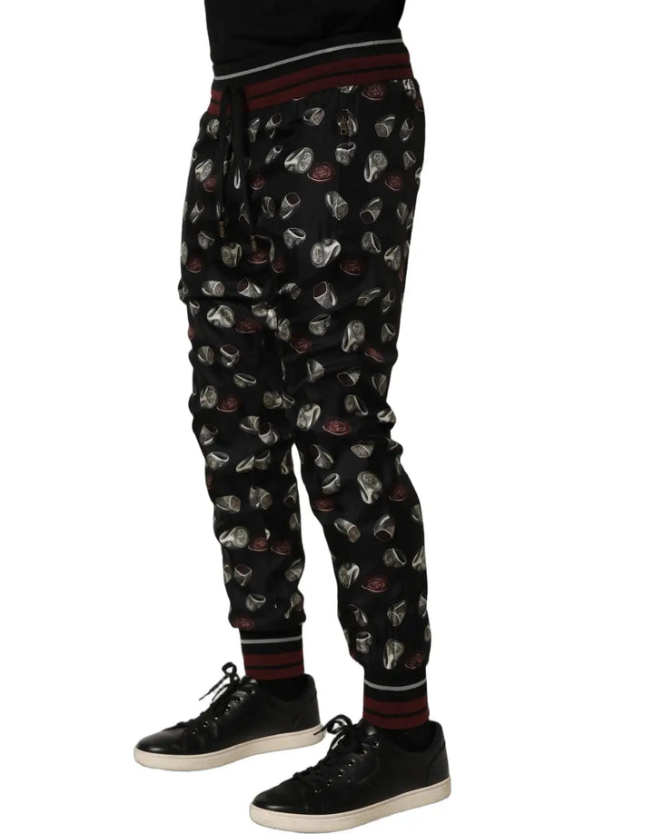 Dolce &amp; Gabbana Pants Black Ring Print Silk Jogging Trousers