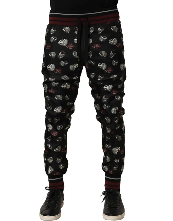 Dolce & Gabbana Pants Black Ring Print Silk Jogging Trousers