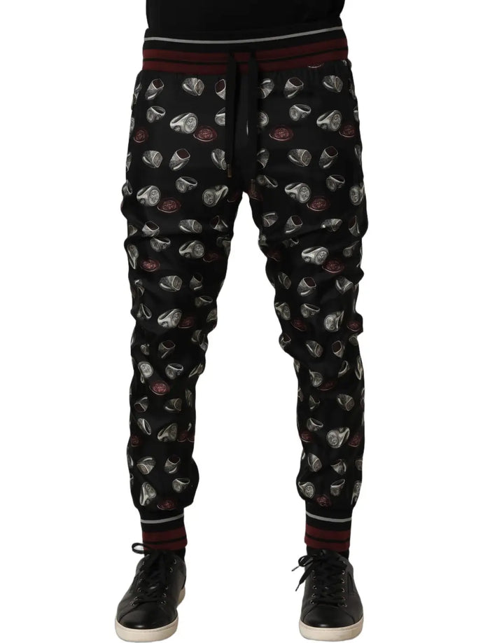 Dolce &amp; Gabbana Pants Black Ring Print Silk Jogging Trousers