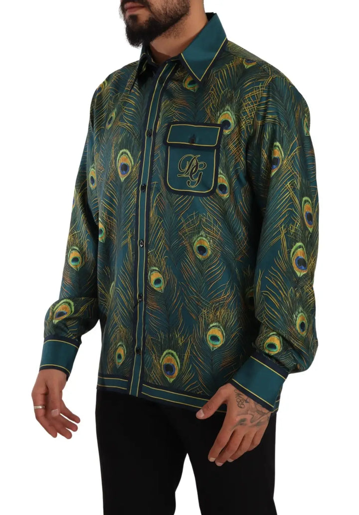 Dolce &amp; Gabbana Peacock Feather Print Silk Pajama Mens Shirt
