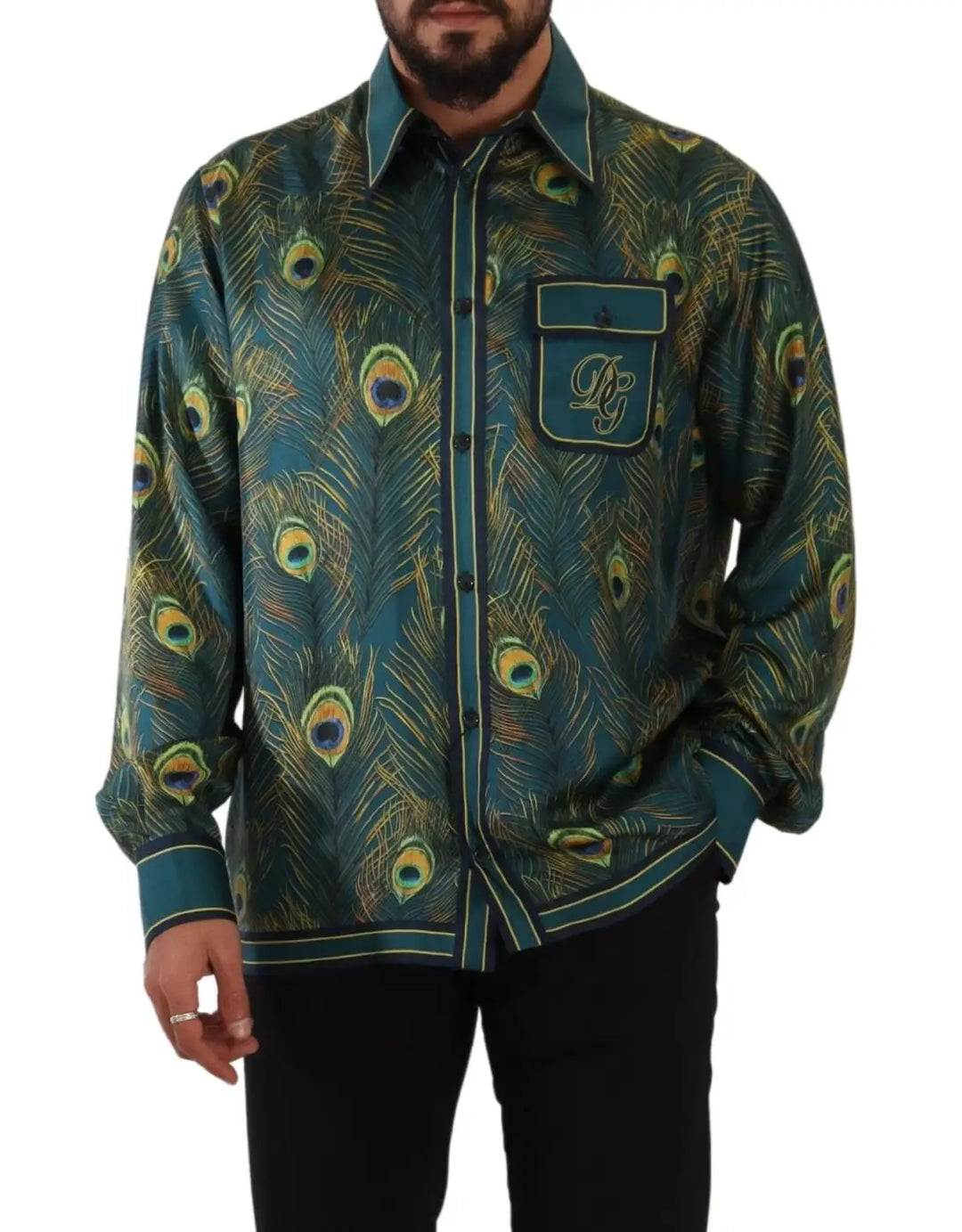 Dolce &amp; Gabbana Peacock Feather Print Silk Pajama Mens Shirt