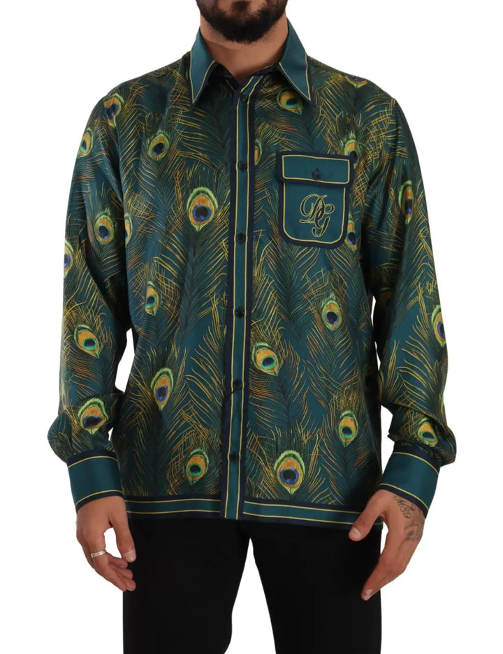 Dolce &amp; Gabbana Peacock Feather Print Silk Pajama Mens Shirt
