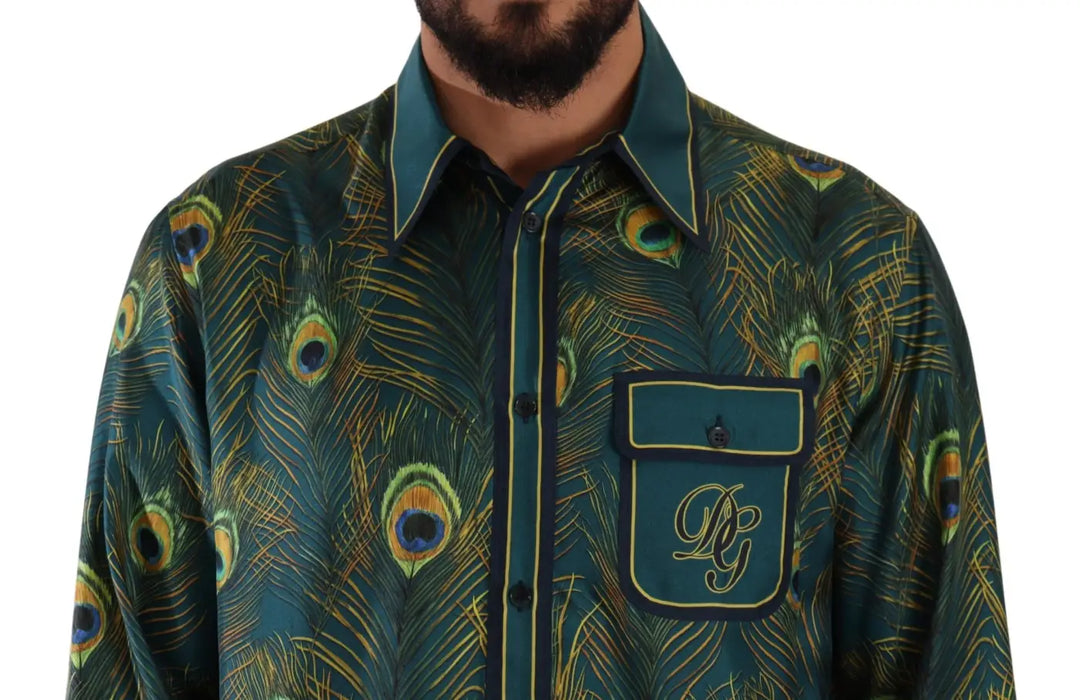 Dolce &amp; Gabbana Peacock Feather Print Silk Pajama Mens Shirt