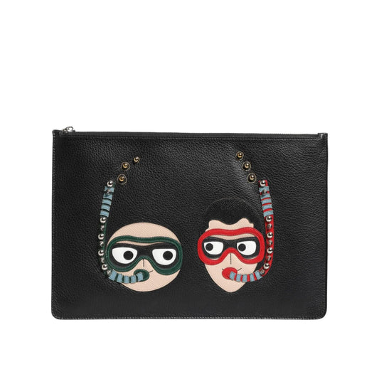 Dolce Gabbana Pebbled Leather Pouch Bag with DGFamily Embellished Appliqués &