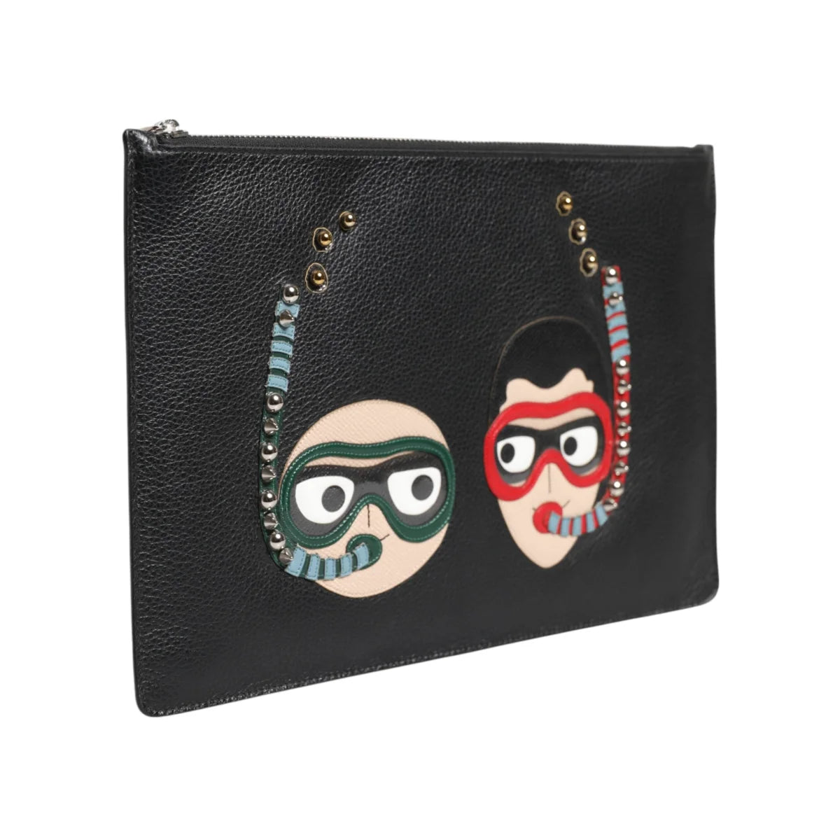 Dolce Gabbana Pebbled Leather Pouch Bag with DGFamily Embellished Appliqués &