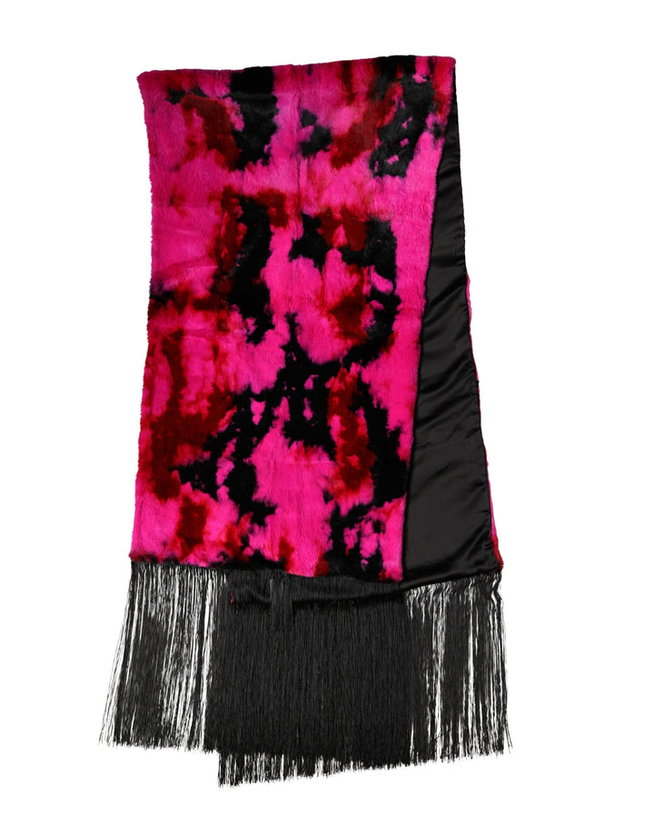 Dolce &amp; Gabbana Pink Black Faux Fur Neck Wrap Fringes 200cm x 59cm Scarf