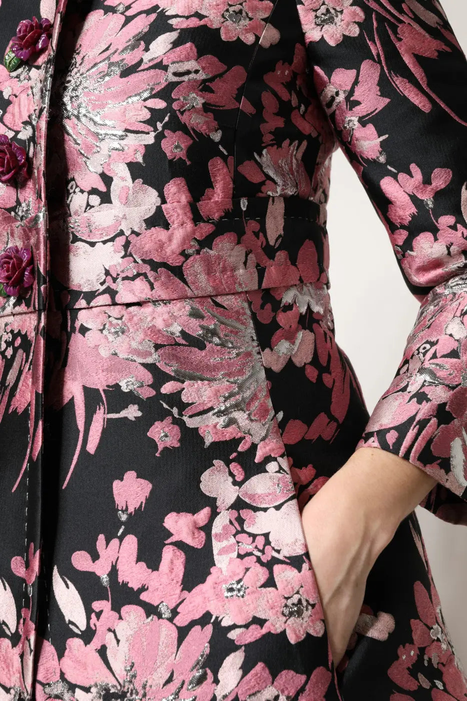 Dolce &amp; Gabbana Pink Black Floral Brocade Trenchcoat Jacket