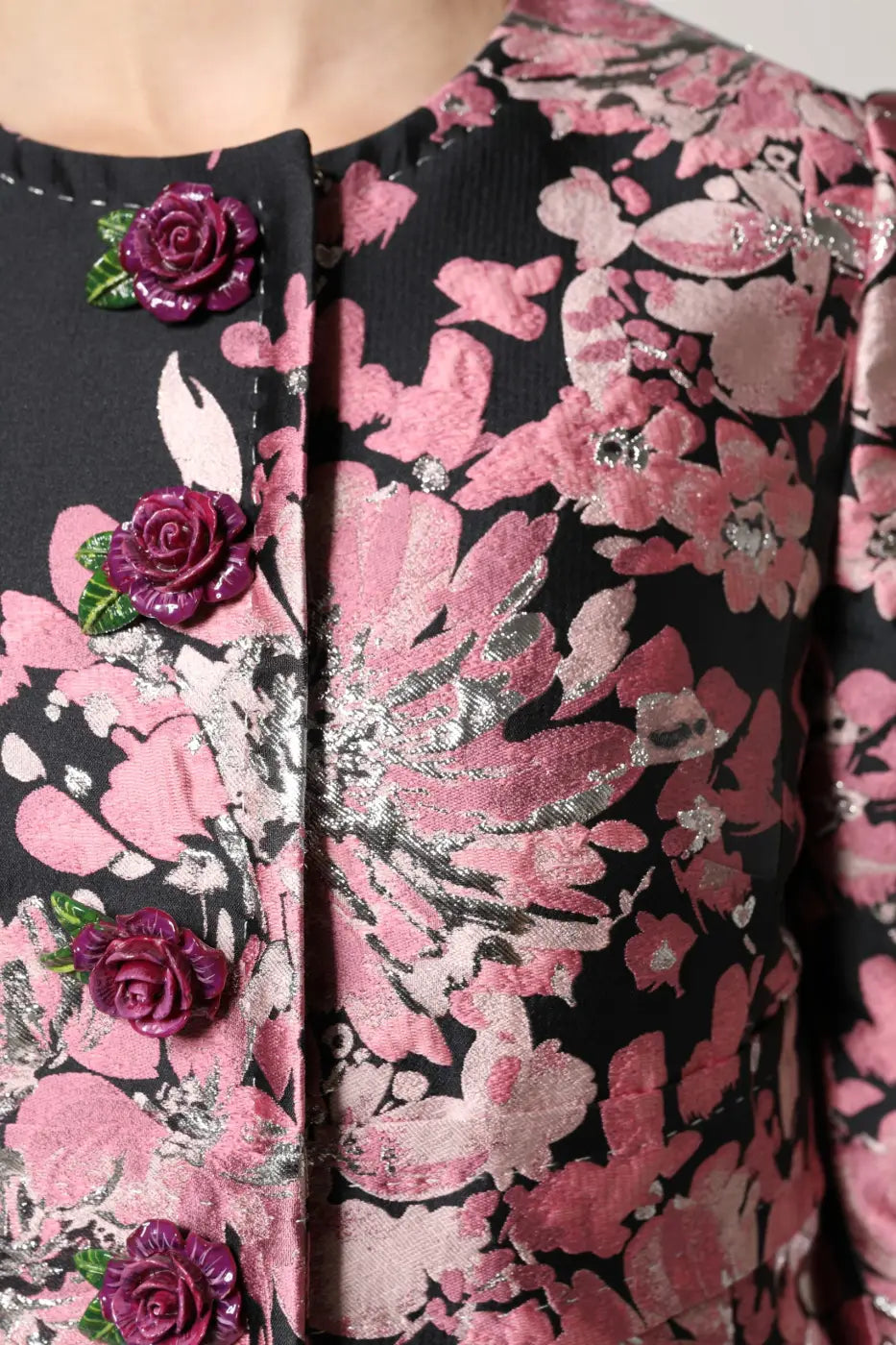 Dolce &amp; Gabbana Pink Black Floral Brocade Trenchcoat Jacket