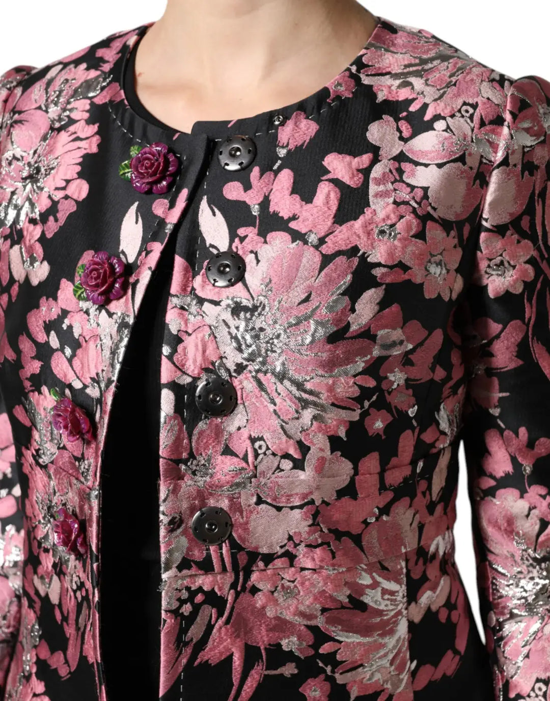 Dolce &amp; Gabbana Pink Black Floral Brocade Trenchcoat Jacket
