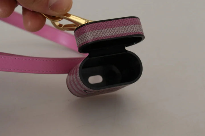 Dolce &amp; Gabbana Pink Black Leather Strap Gold Metal Logo Airpods Case