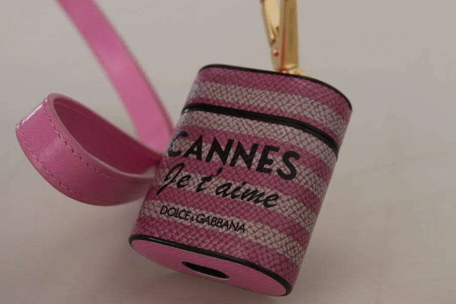 Dolce &amp; Gabbana Pink Black Leather Strap Gold Metal Logo Airpods Case