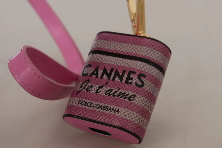 Dolce &amp; Gabbana Pink Black Leather Strap Gold Metal Logo Airpods Case