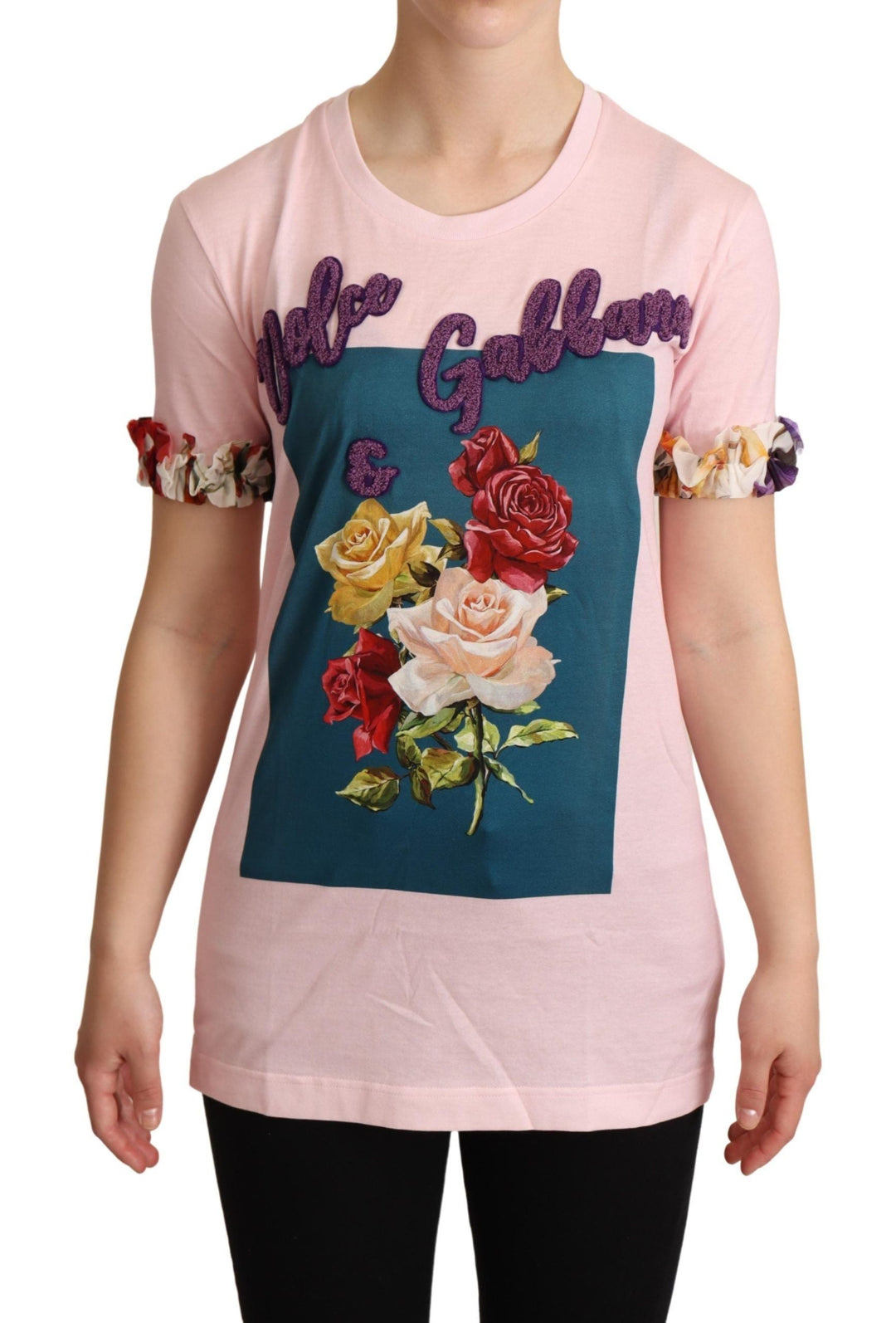 Dolce &amp; Gabbana T-Shirts - Pink Cotton Floral Roses Crewneck T-shirt