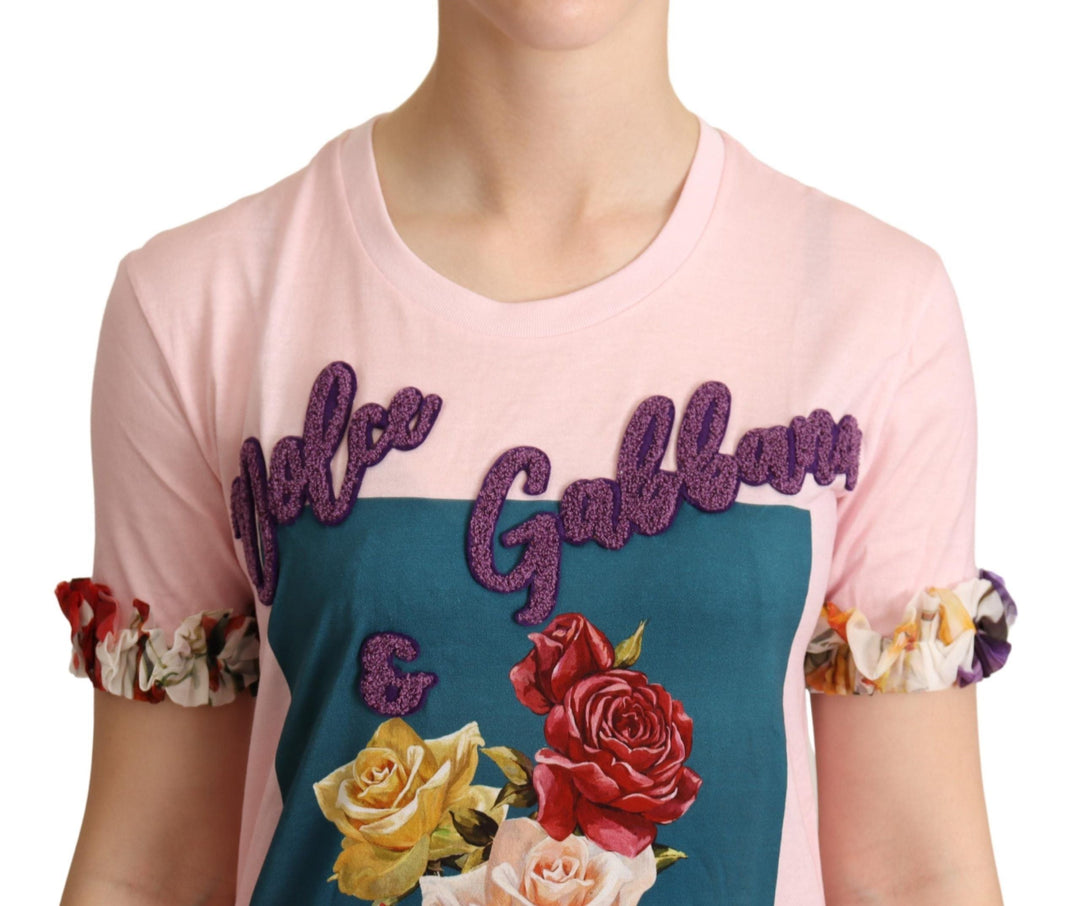 Dolce &amp; Gabbana T-Shirts - Pink Cotton Floral Roses Crewneck T-shirt