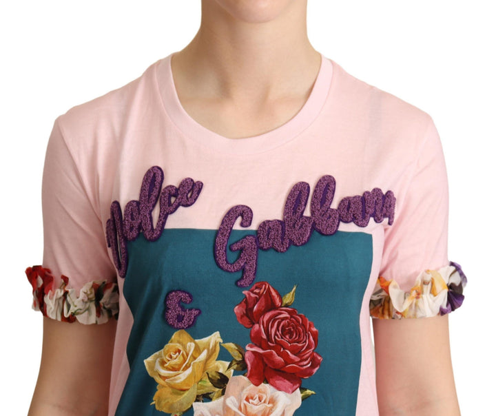 Dolce &amp; Gabbana T-Shirts - Pink Cotton Floral Roses Crewneck T-shirt