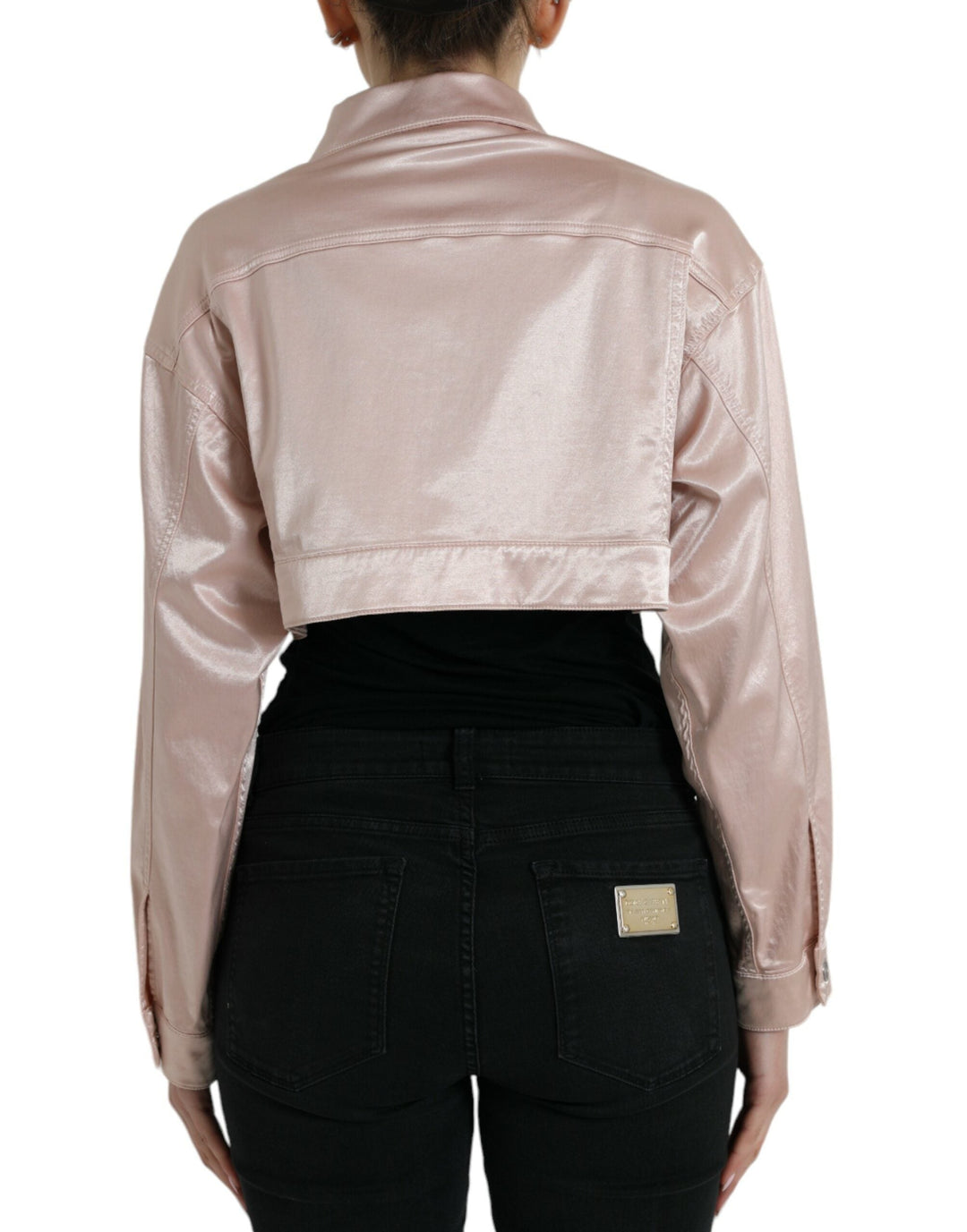 Dolce &amp; Gabbana Trucker Jackets - Pink Cotton Stretch Collared Cropped Jacket
