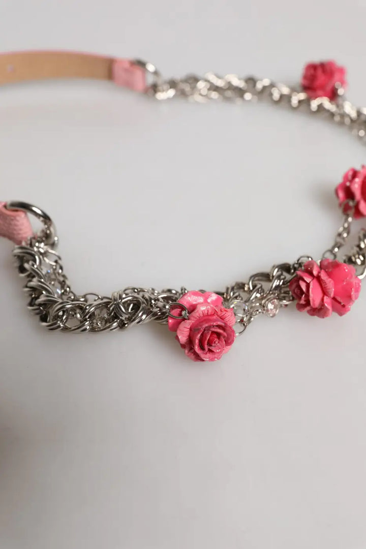 Dolce &amp; Gabbana Pink Embelished Roses Textured Leather Belt