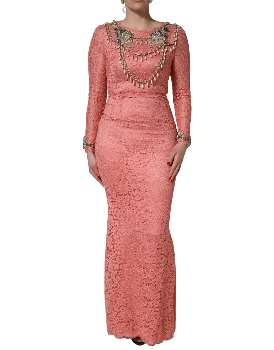 Dolce &amp; Gabbana Pink Embellished Mermaid Lace Gown Dress