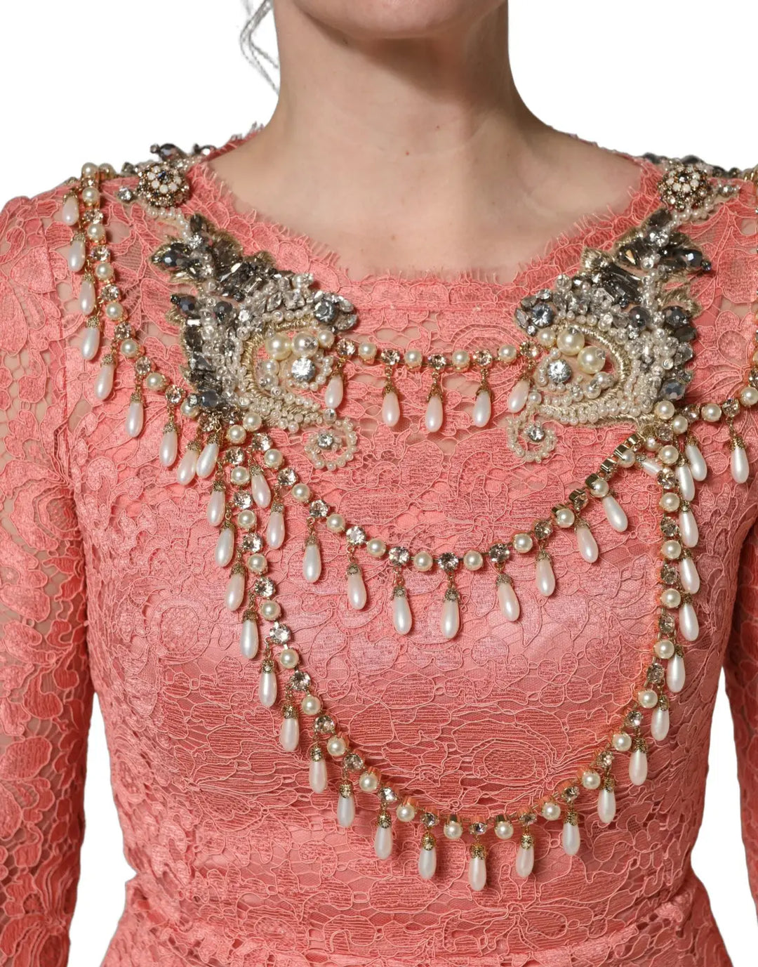 Dolce &amp; Gabbana Pink Embellished Mermaid Lace Gown Dress