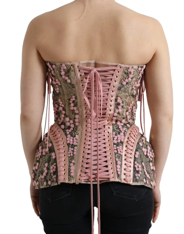 Dolce &amp; Gabbana Pink Floral Applique Bustier Corset Top