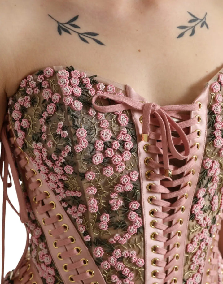 Dolce &amp; Gabbana Pink Floral Applique Bustier Corset Top