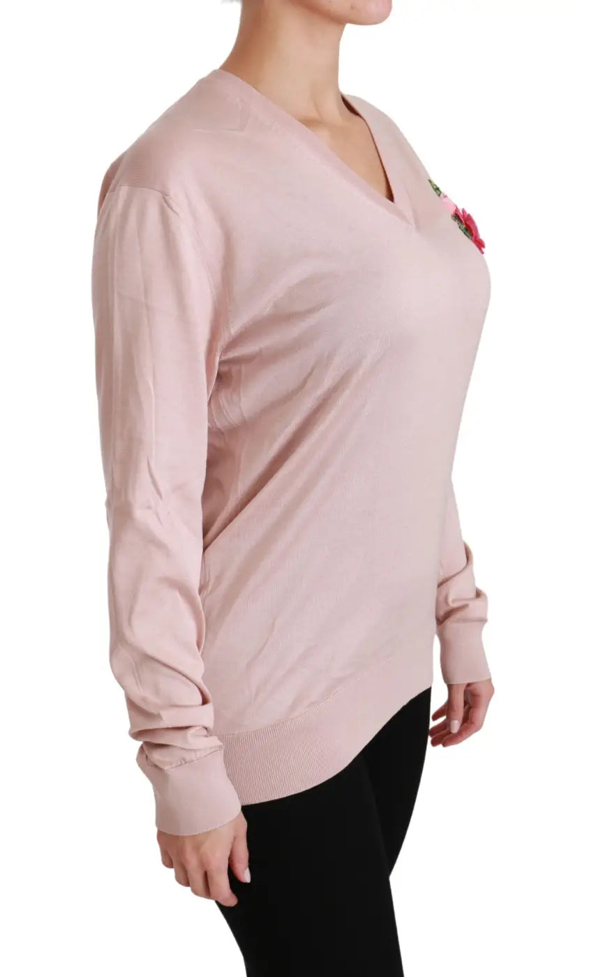 Dolce &amp; Gabbana Pink Floral Embellished Pullover Silk Sweater
