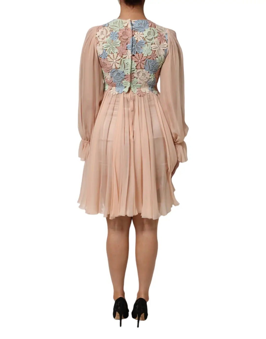 Dolce &amp; Gabbana Pink Floral Embroidery Pleated A-line Dress