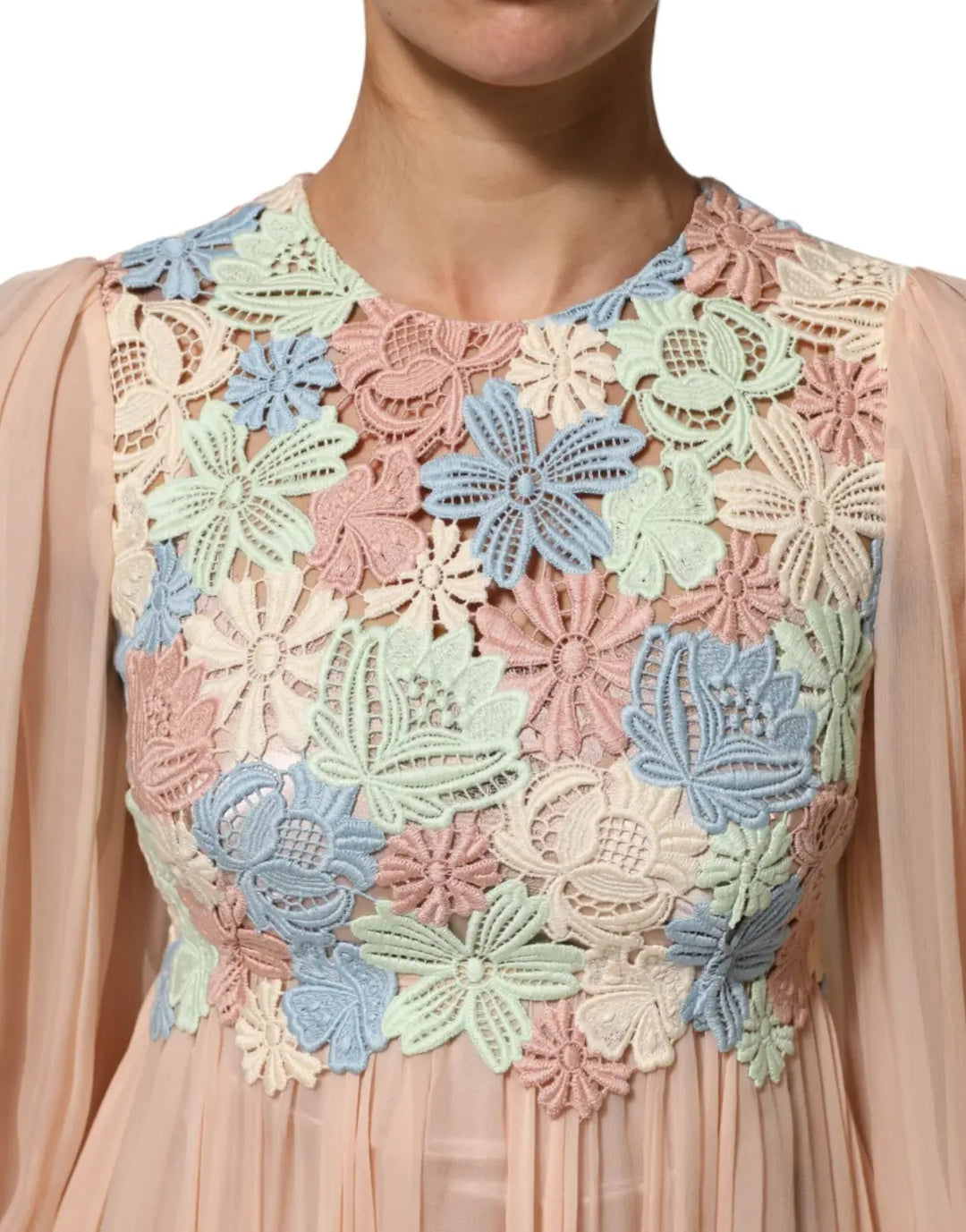 Dolce &amp; Gabbana Pink Floral Embroidery Pleated A-line Dress