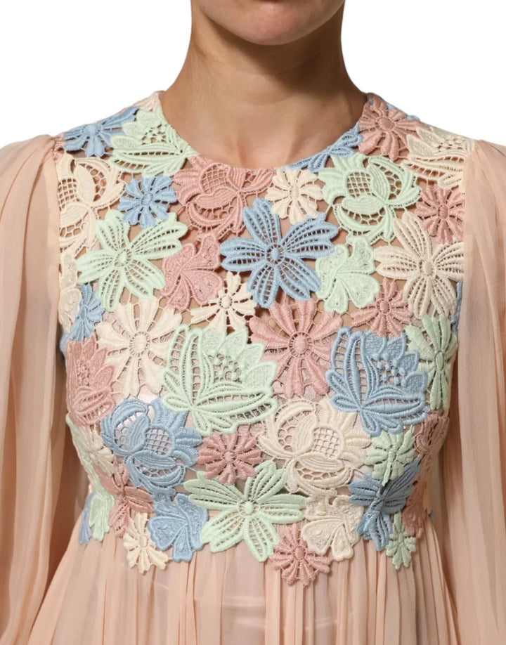 Dolce &amp; Gabbana Pink Floral Embroidery Pleated A-line Dress