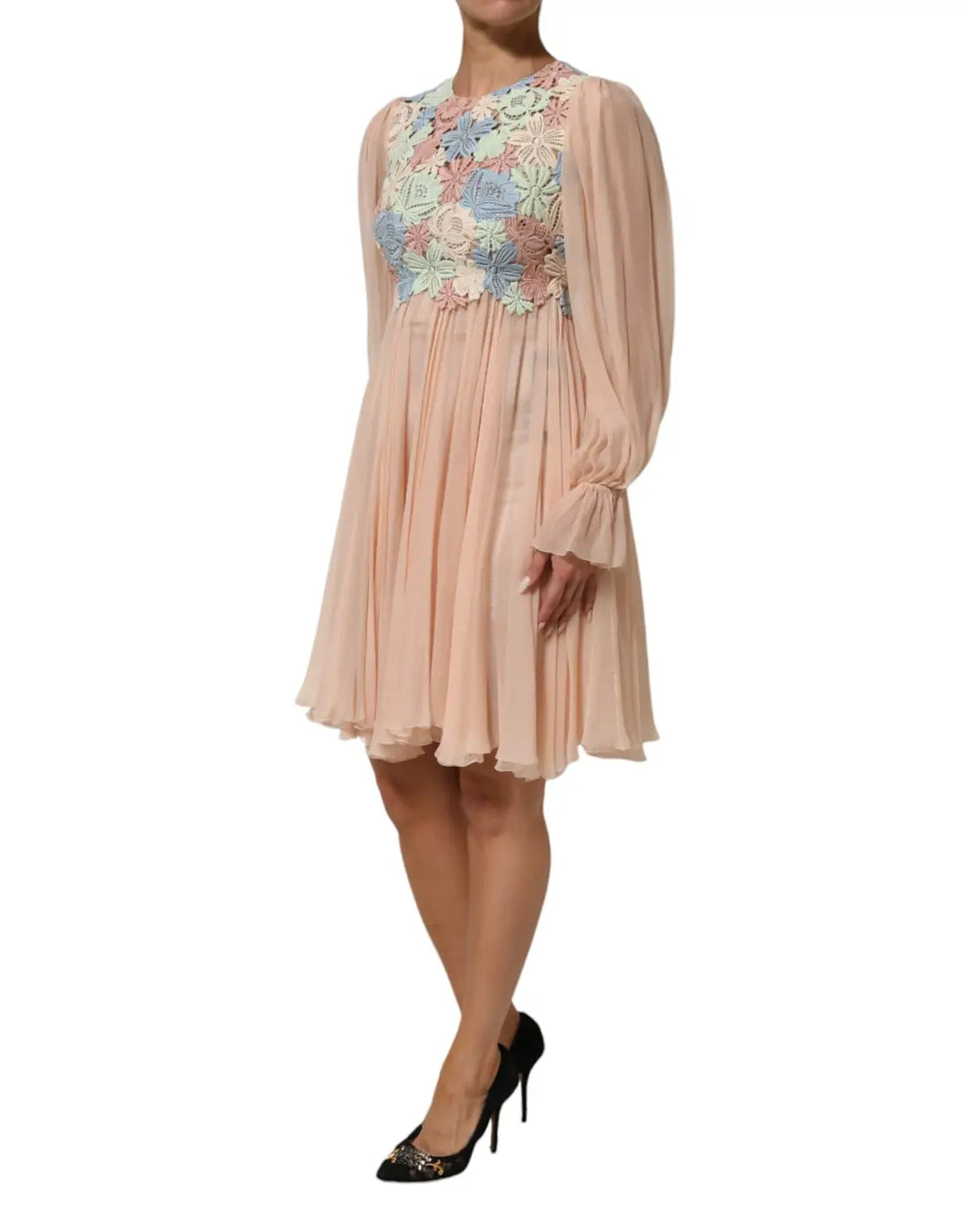 Dolce &amp; Gabbana Pink Floral Embroidery Pleated A-line Dress